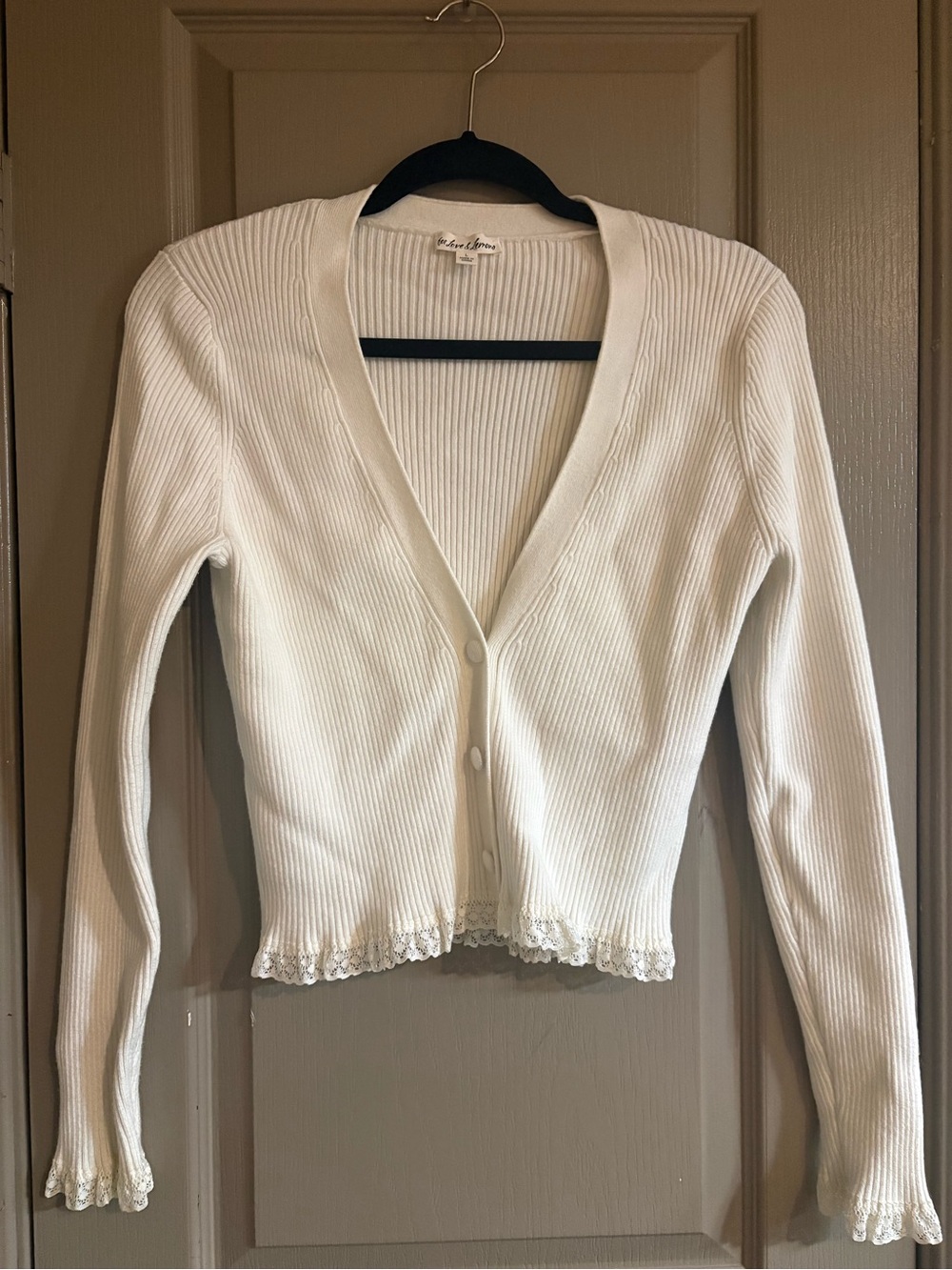 For Love And Lemons Cream Ribbed V-Neck Button Cardigan with Lace Trim